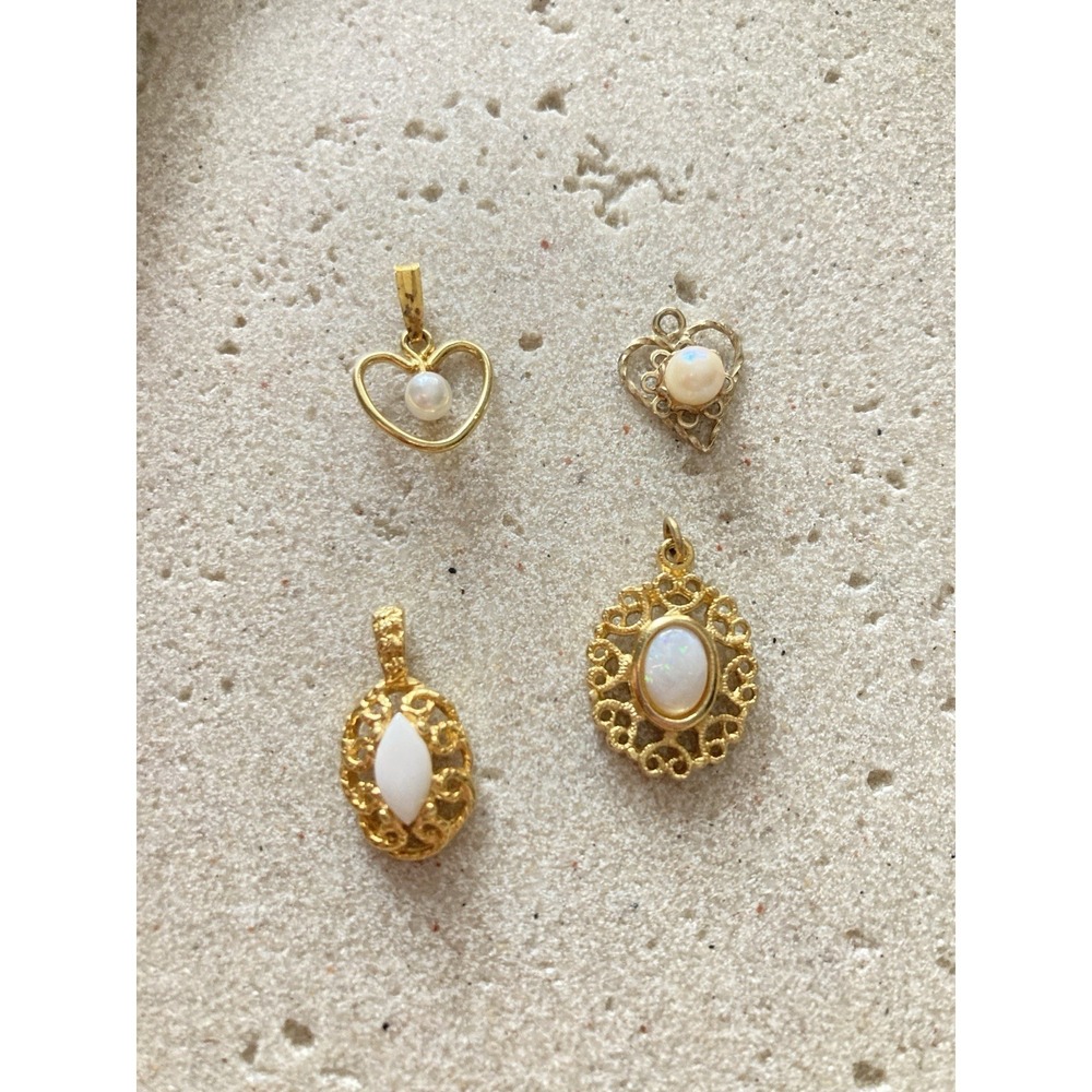 Small Gold Tone Jewelry Pendants Set Of 4 Faux Opal Cabochon Pearl Charms Dainty